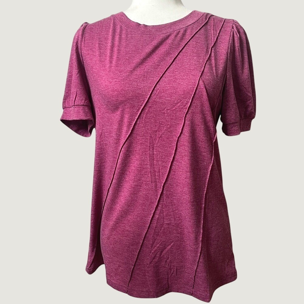 Short Sleeve Knit Top Diagonal Seam Detail Womens Small Raspberry Pink Stretchy